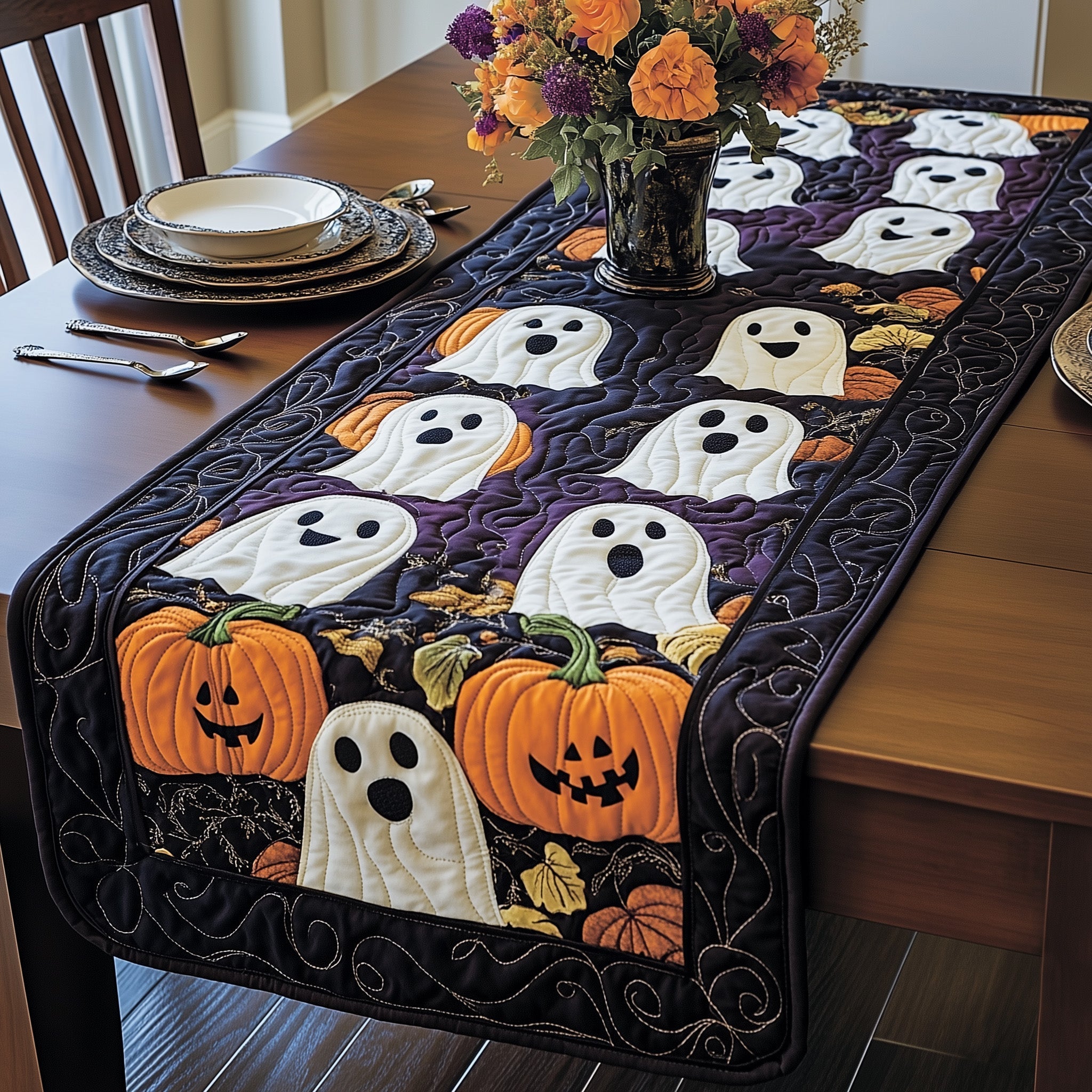 Ghostly Gathering Quilted Table Runner Dining Room Table Decor Gift For Halloween