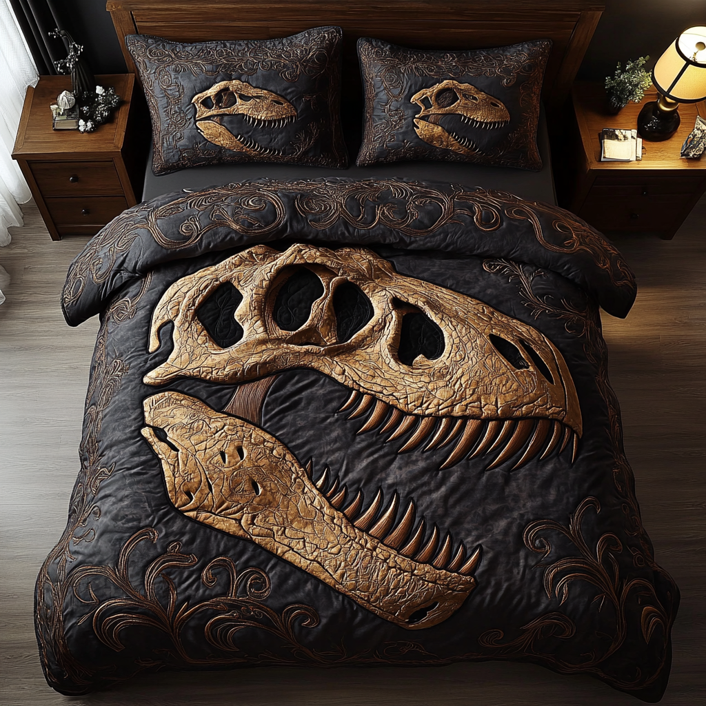 Giant Fossil Quilted Bedding Set Aesthetic Room Decor Dinosaur Presents For Adults