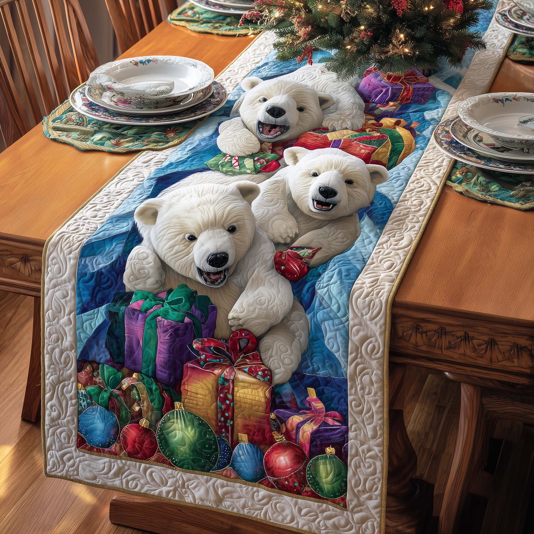 Gift Bears Quilted Table Runner Holiday Dining Table Decor Bear Gifts For Him