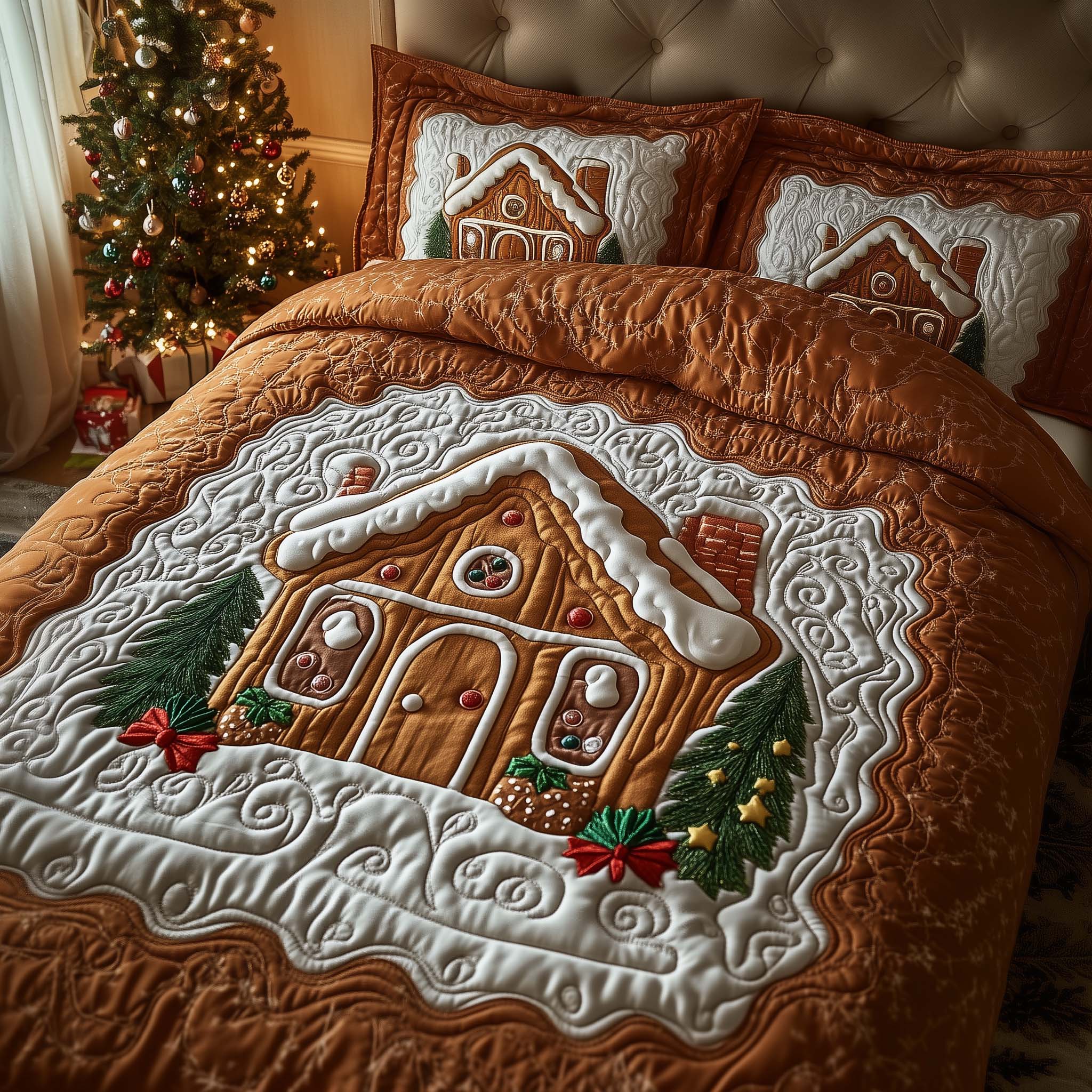 Gingerbread House Quilted Bedding Set Christmas Sheets King Christmas Gifts For Grandma