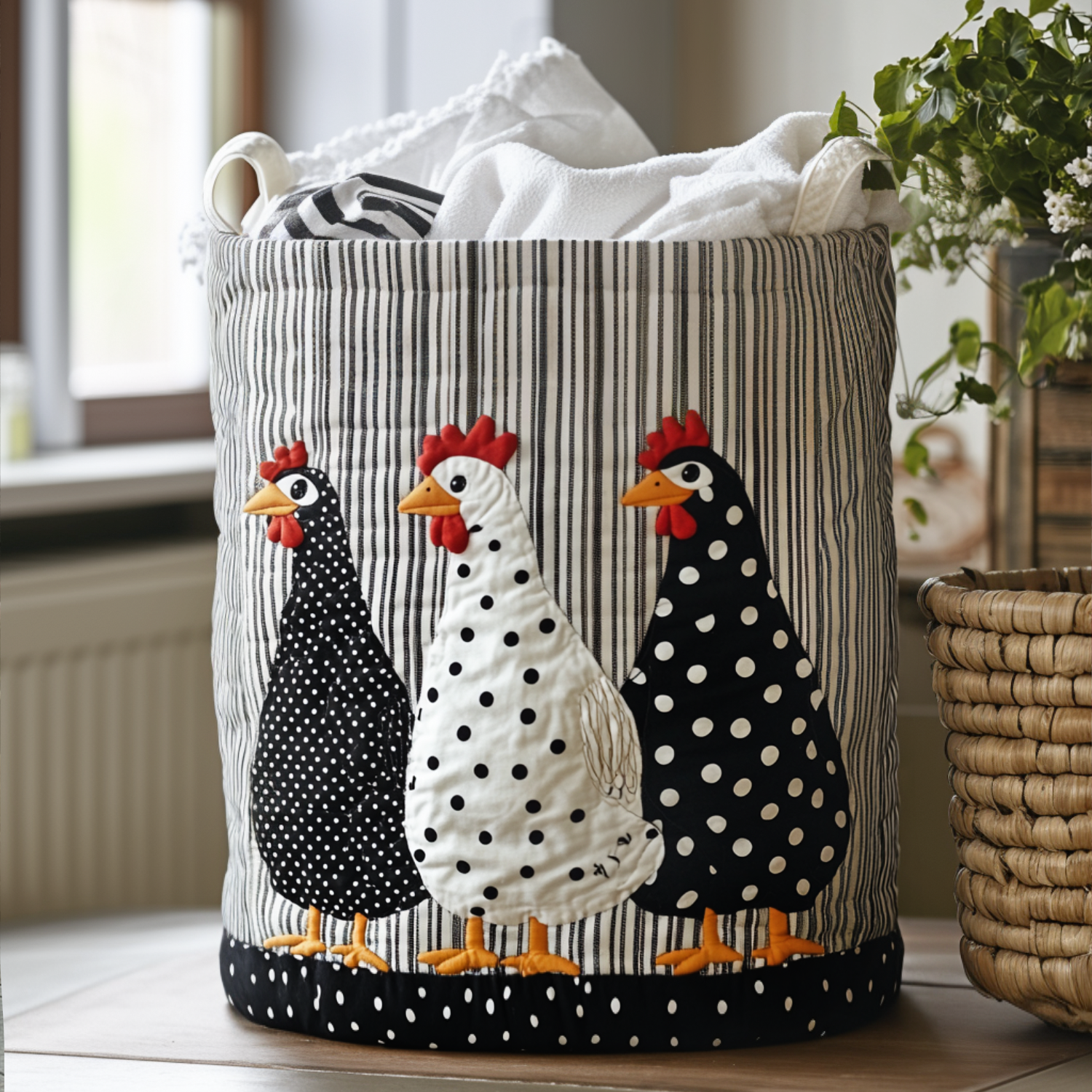 Gingham Rooster Quilted Laundry Basket Clothes Basket Storage Presents For Chicken Lovers