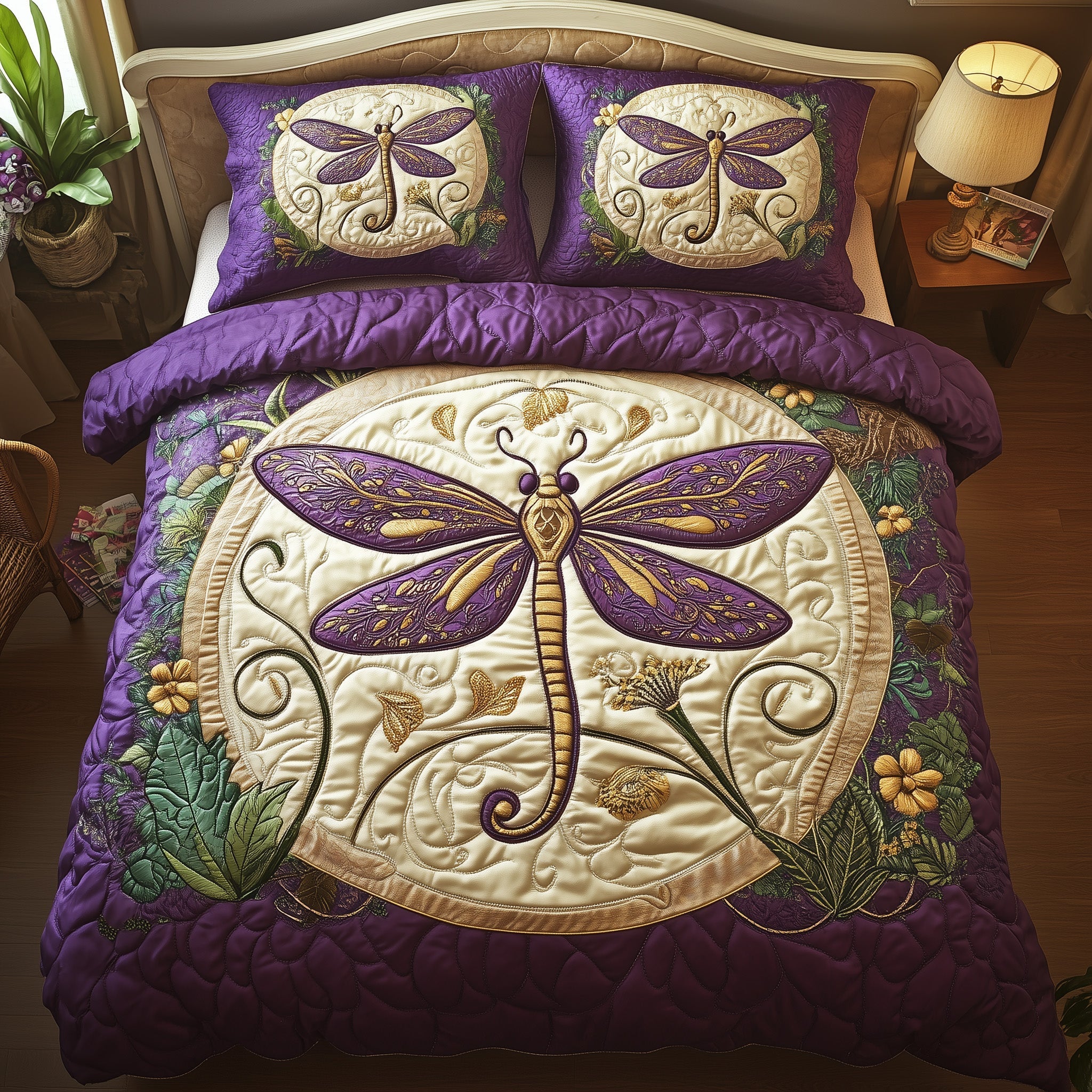 Glowing Dragonfly Quilted Bedding Set Best King Sheet Set Best Dragonfly Christmas Gifts