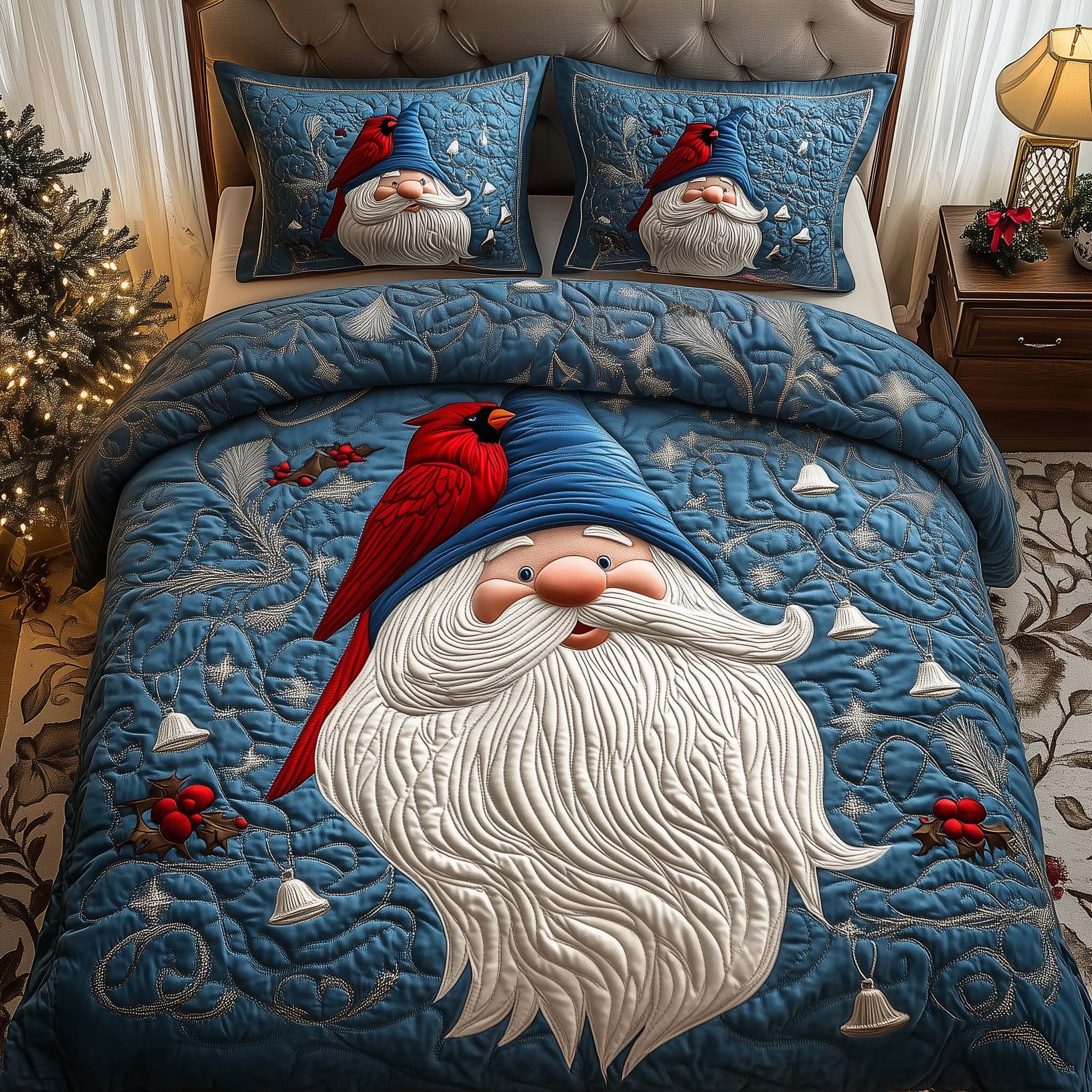 Gnome Cardinal Quilted Bedding Set Christmas Bed Spread Unique Cardinal Bird Gifts