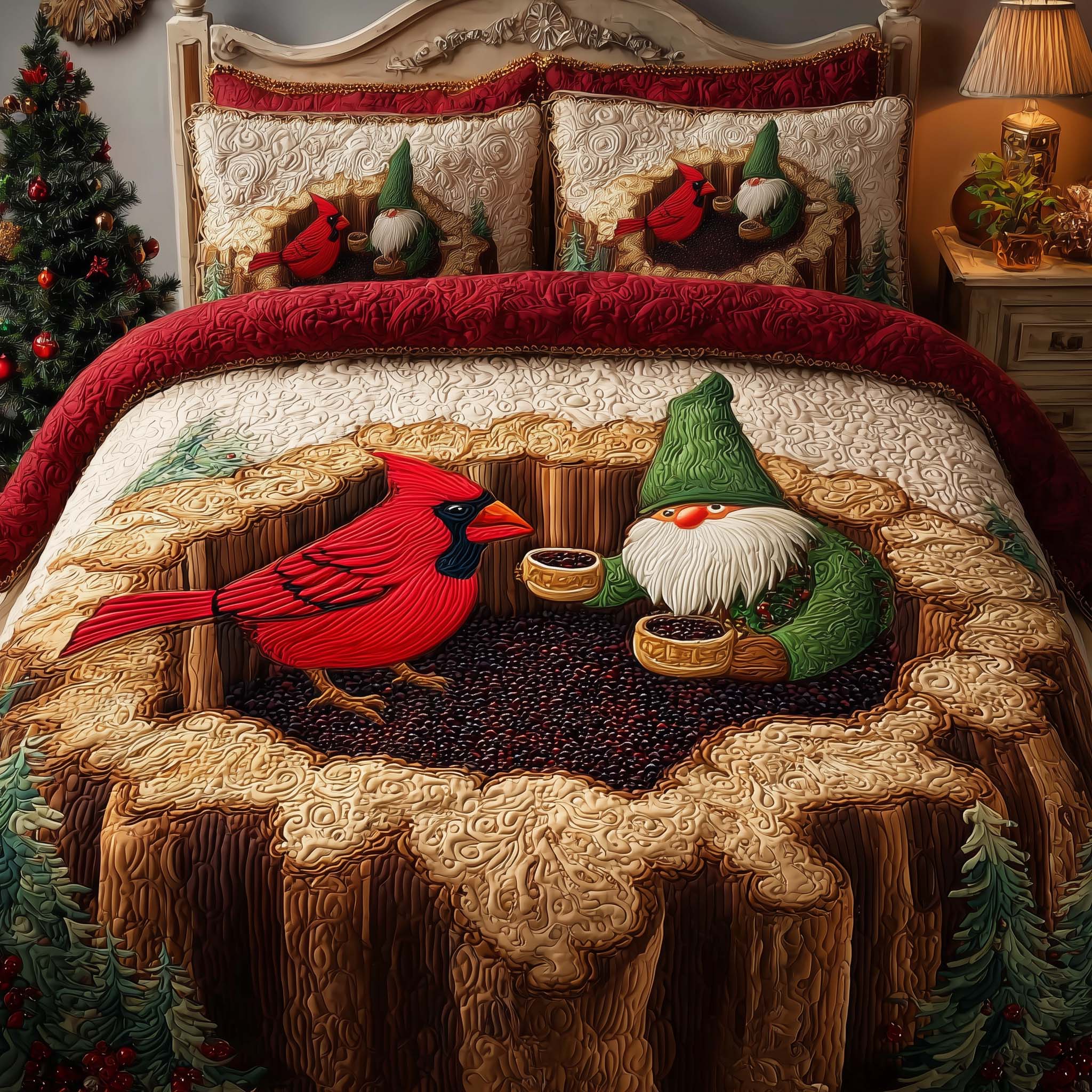 Gnome Cardinal Quilted Bedding Set Christmas Sheet Set Unique Cardinal Gifts