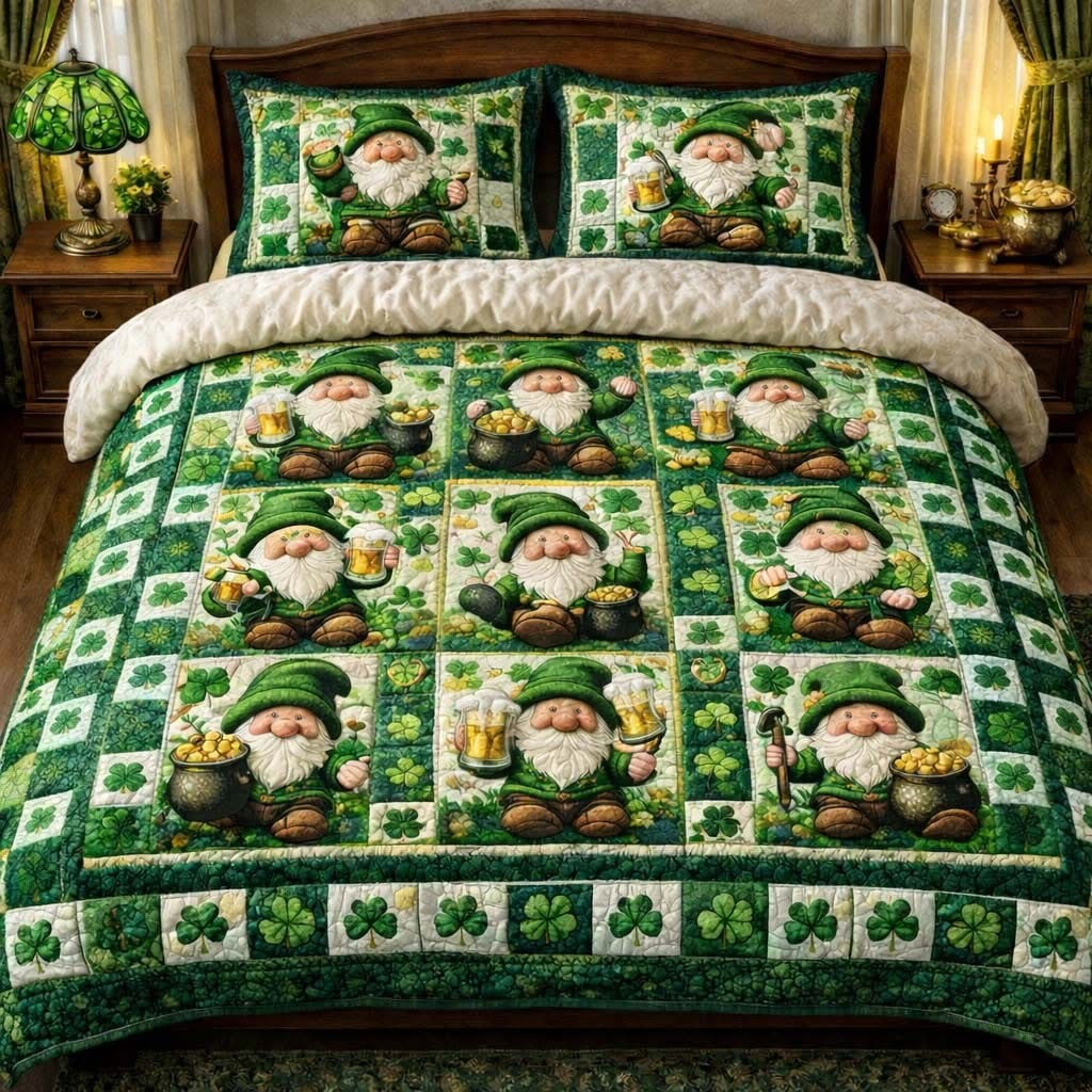 Gnome Gold Cheer Quilted Bedding Set Holiday Duvet Cover Set St Patrick's Day Gifts