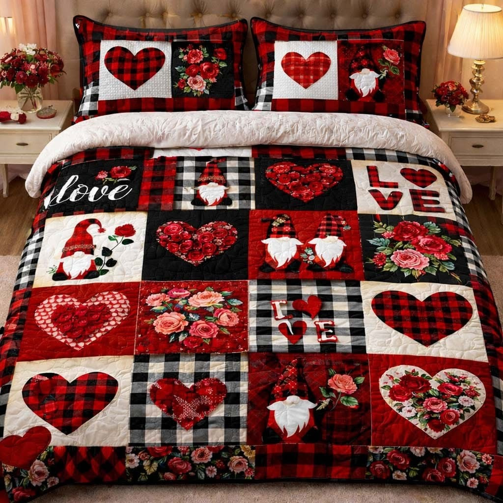 Gnome Love Patchwork Quilted Bedding Set Valentine Day's Duvet Cover Set Gifts For Couples