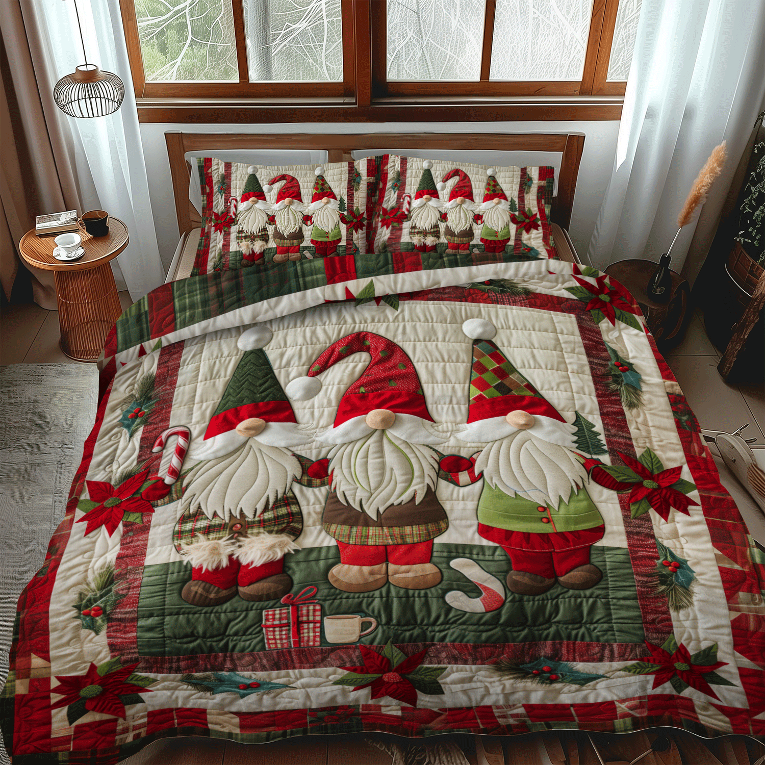 Gnome Parade Quilted Bedding Set Holiday Season Duvet Cover Set Unique Gnome Gifts