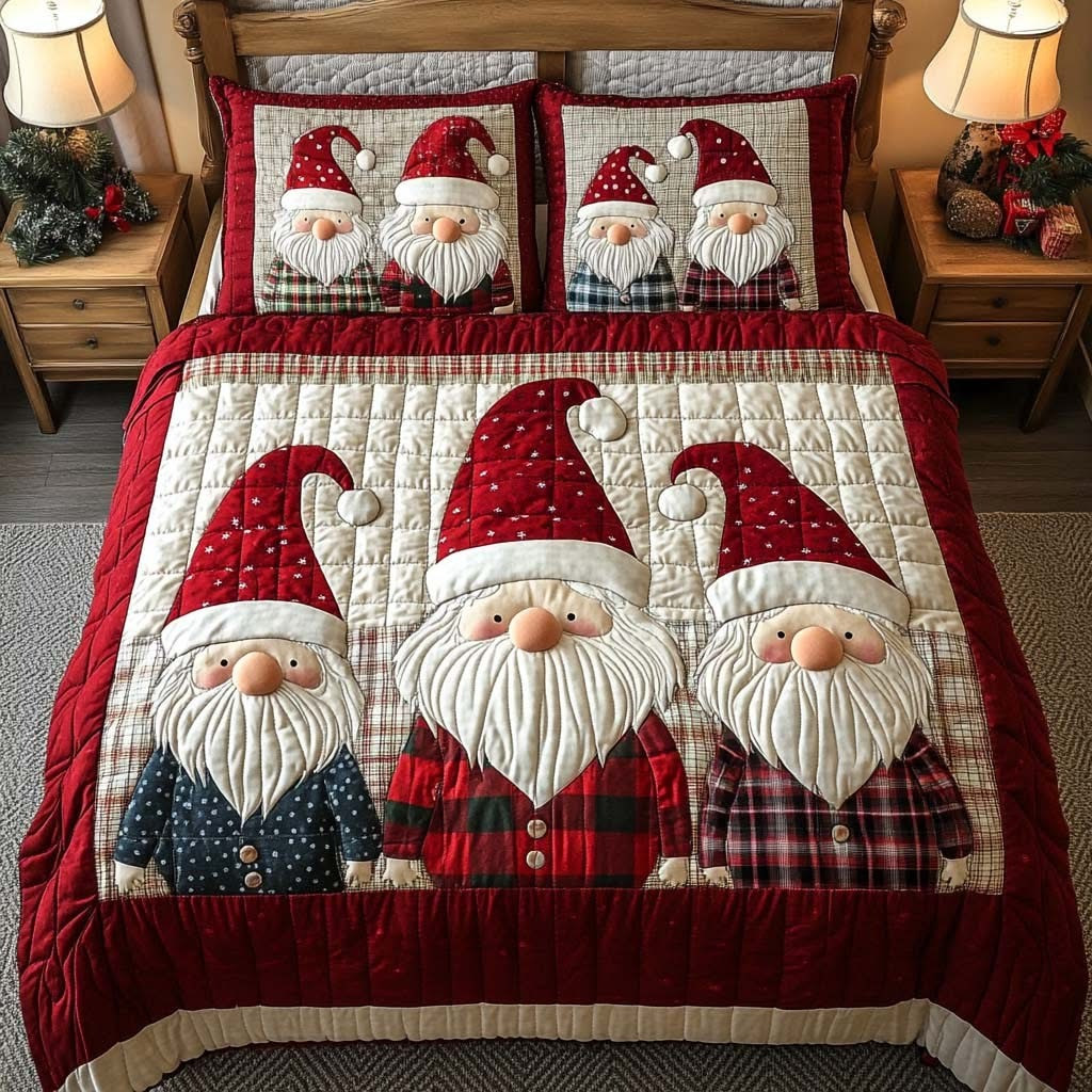 Gnome Quilted Bedding Set Cute Christmas Bedspread Set Present Items For Your Child