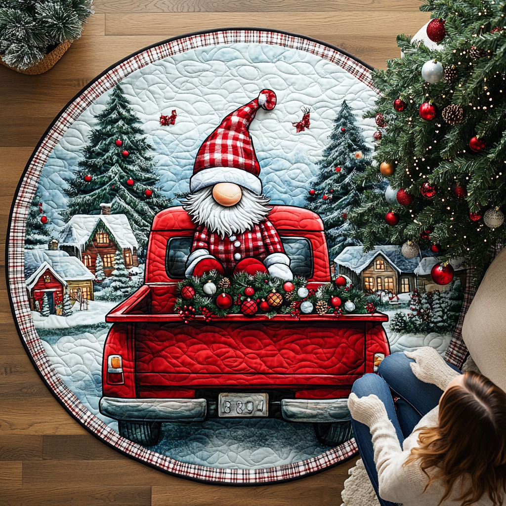 Gnome Red Truck Quilted Round Mat Home And Decor Family Shirt Ideas For Christmas