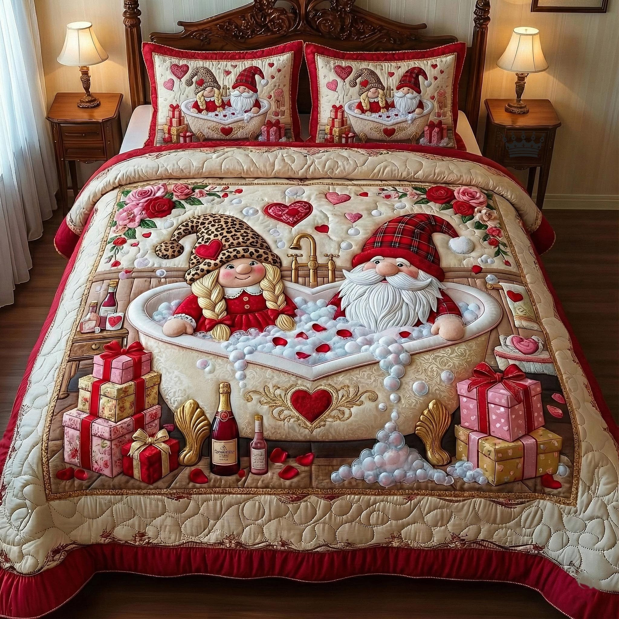 Gnome Sweethearts Quilted Bedding Set Holiday Bedroom Decor Valentine Day Gifts