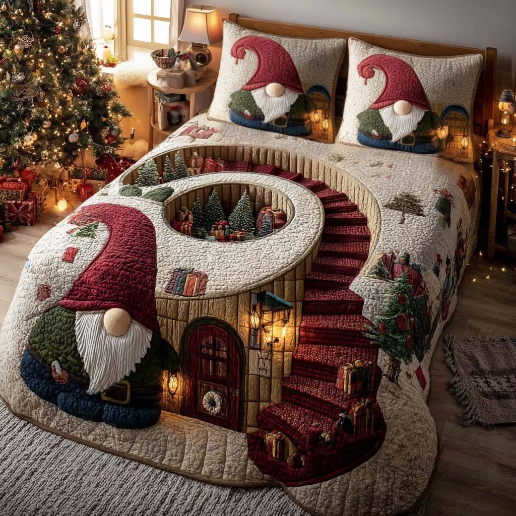 Gnome Winter Quilted Bedding Set Christmas Bedroom Decor Cute Gnome Gifts