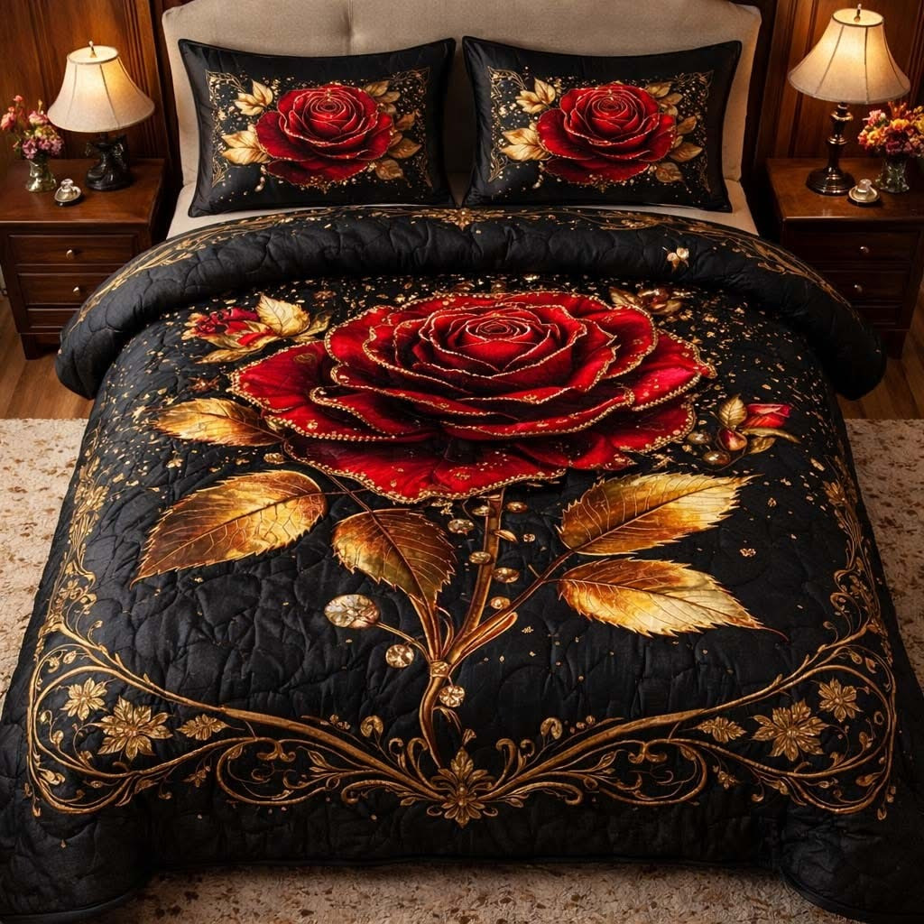 Gold Rose Midnight Quilted Bedding Set Romantic Duvet Cover Set Valentine Day Bed Decorations