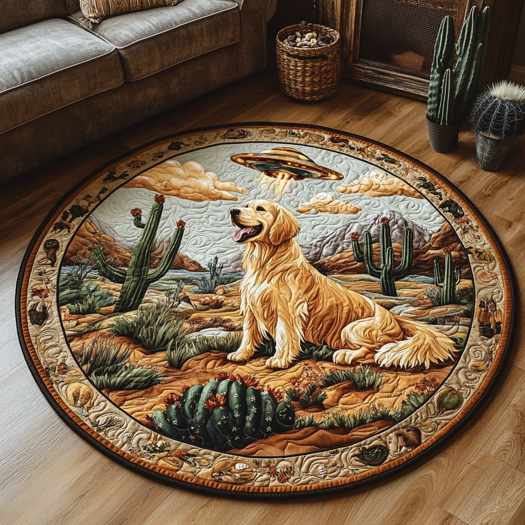 Golden Abduction Quilted Round Mat House Decor Gifts For People With Dogs