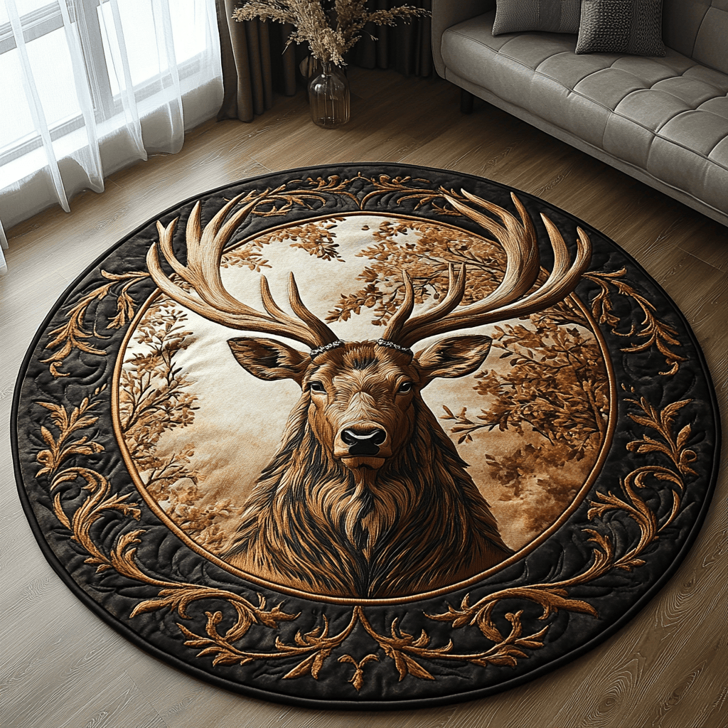 Golden Antlers Quilted Round Mat Best Round Area Rugs Hunting Themed Gifts