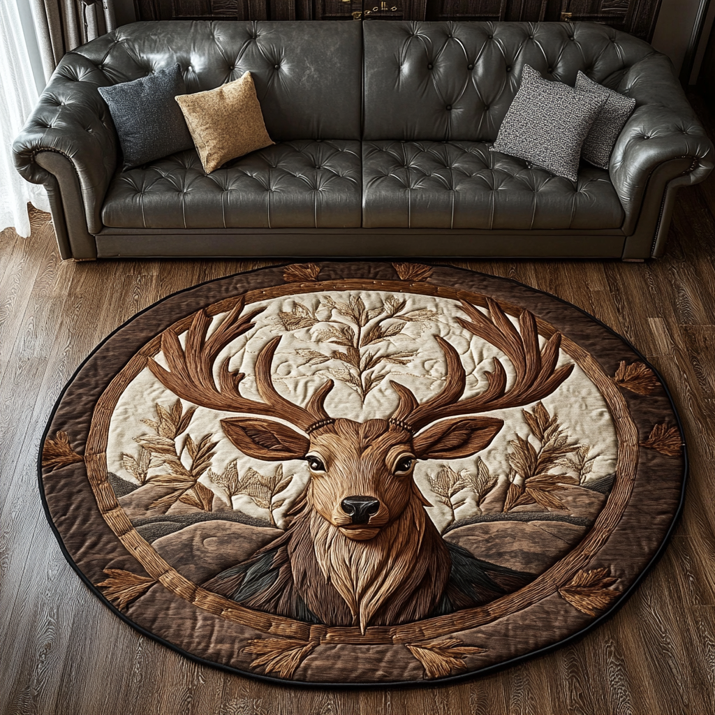 Golden Antlers Quilted Round Mat Large Round Area Rugs Gifts For Deer Lovers