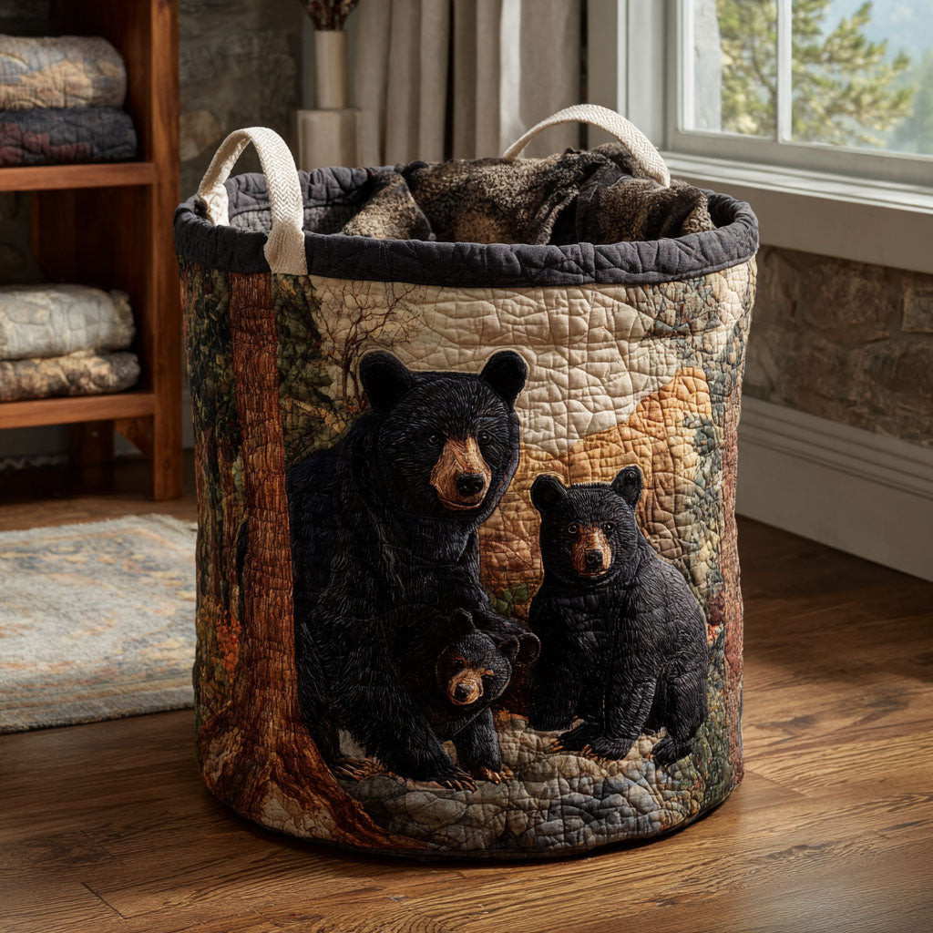 Golden Bear Quilted Laundry Basket Black Bear Family Laundry Hamper Woodland Cabin Gift