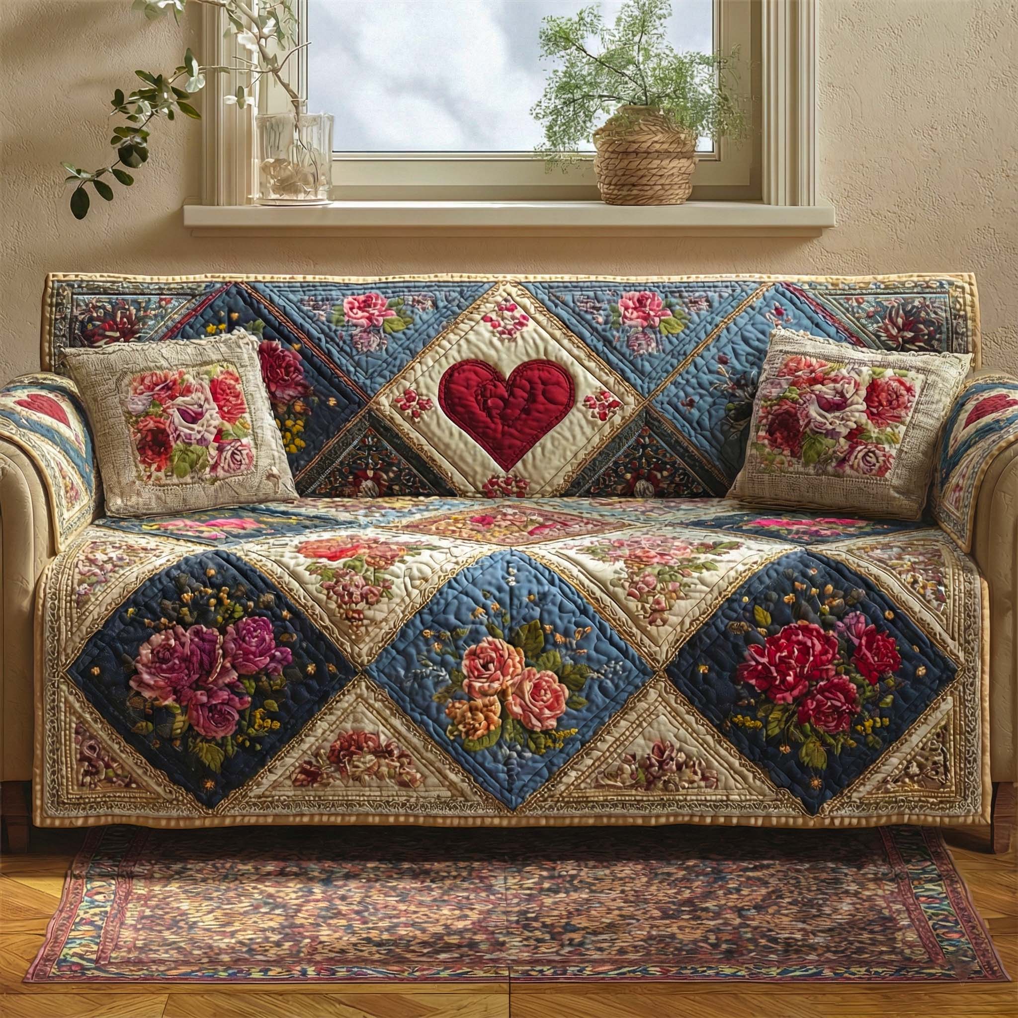 Golden Blossom Heart Quilted Sofa Cover Large Couch Cover Valentine Day Presents For Girlfriend