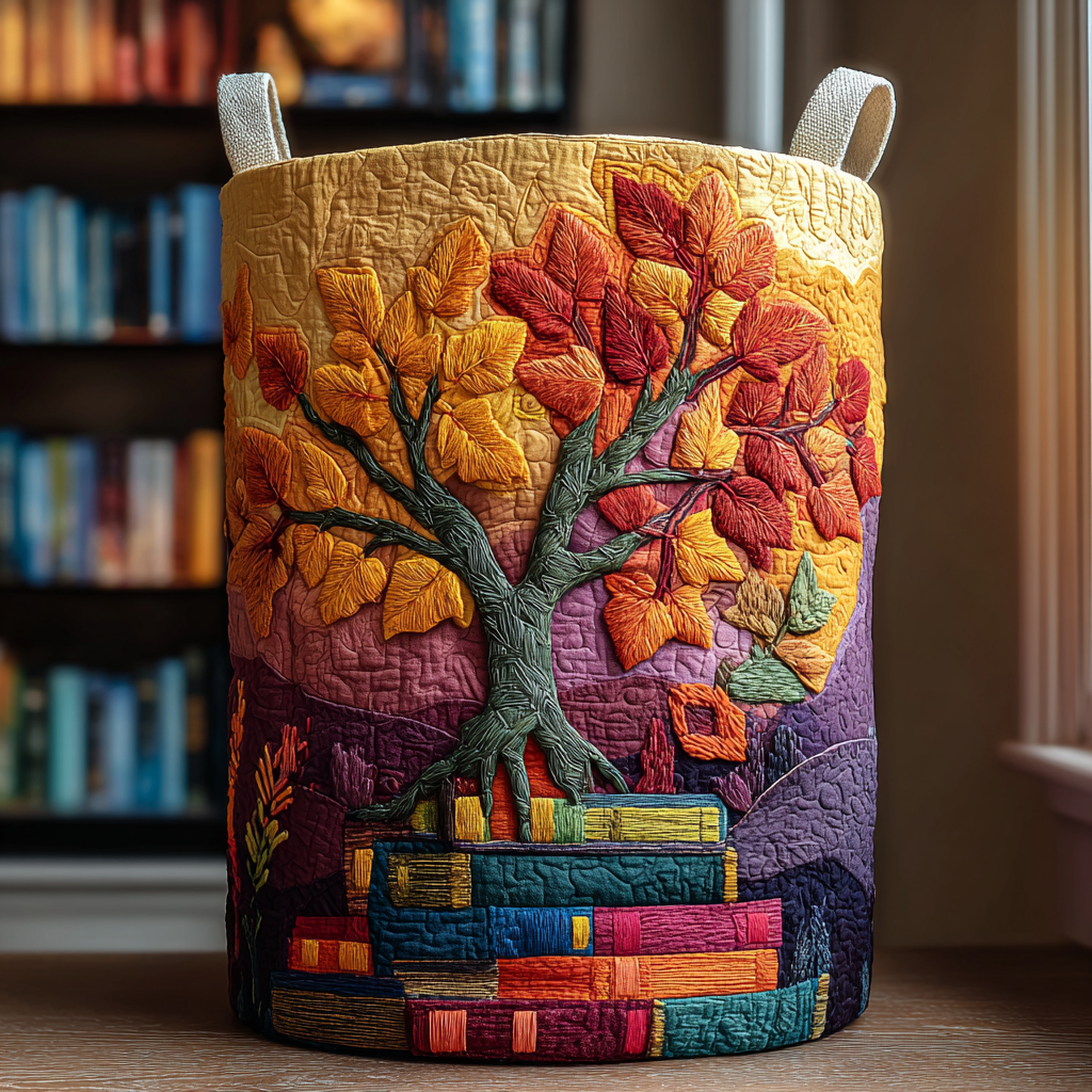 Golden Branch Quilted Laundry Basket Room Decor Gifts For Book Lovers Nerd