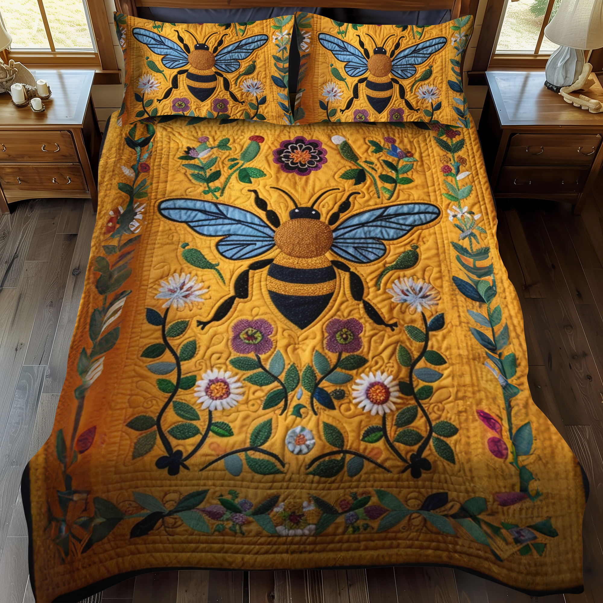 Golden Bumblebee Art Quilted Bedding Set Cute Bed Sets For Teens Bee Themed Presents