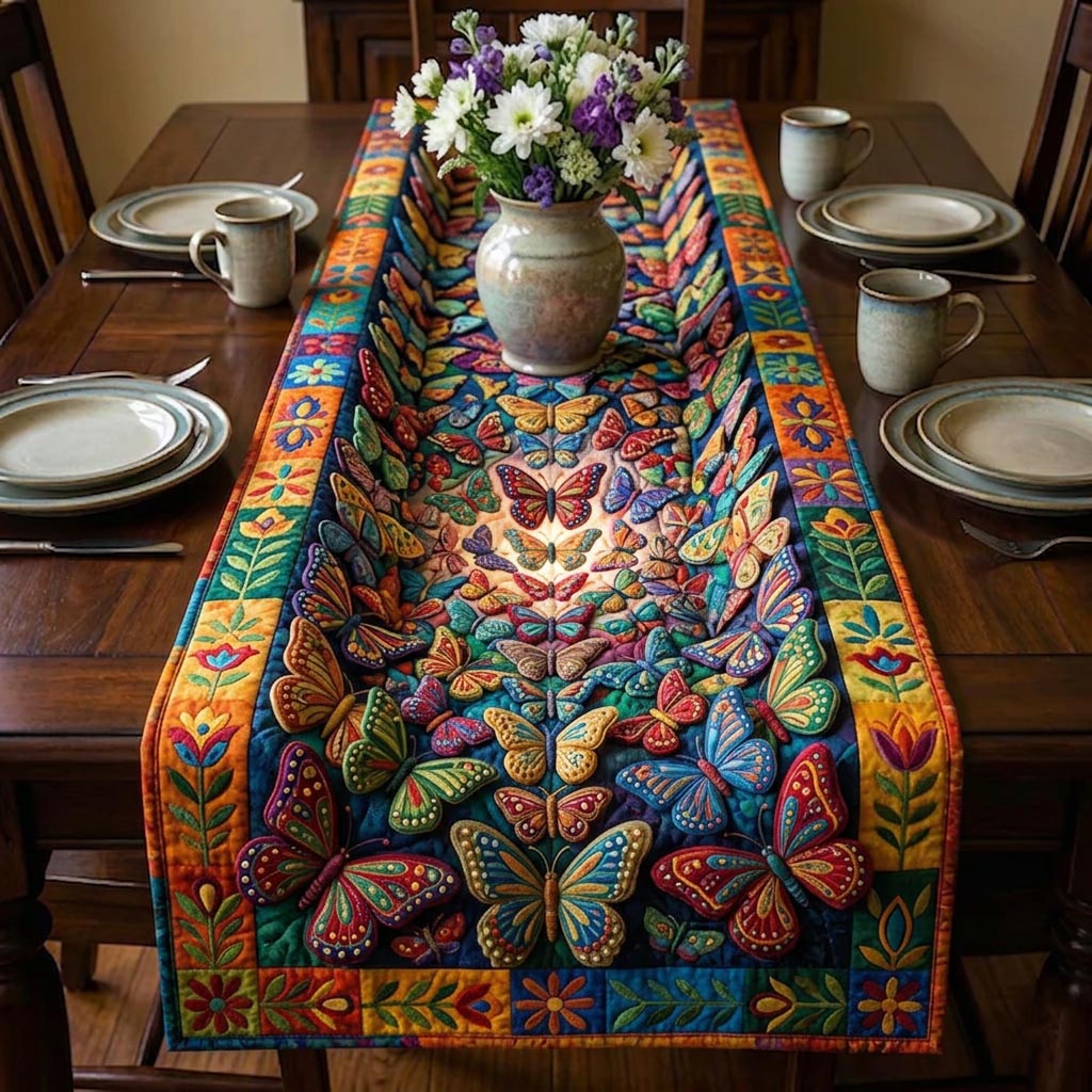 Golden Butterfly Quilted Table Runner Holiday Runner Dining Gifts For Butterfly Lovers