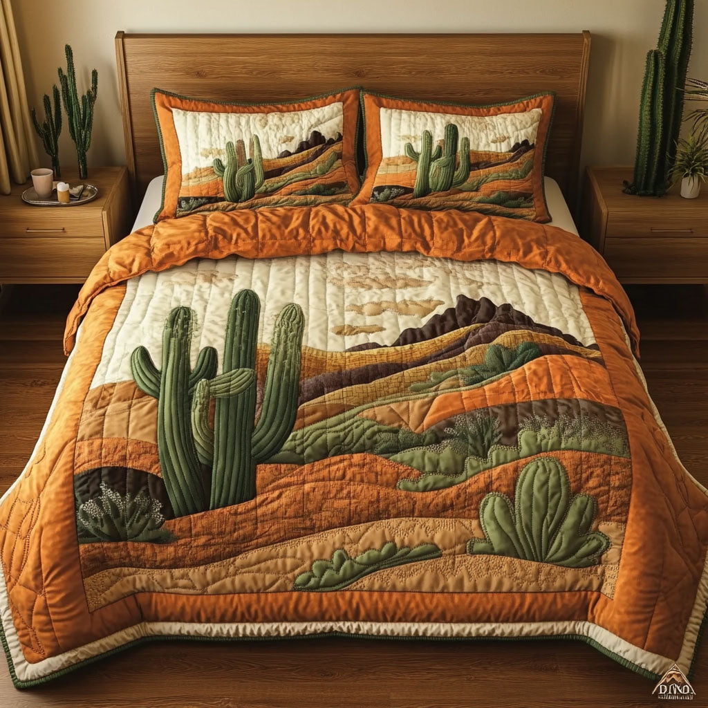 Golden Cactus Haven Quilted Bedding Set Bedroom Decor Cactus Housewarming Gift