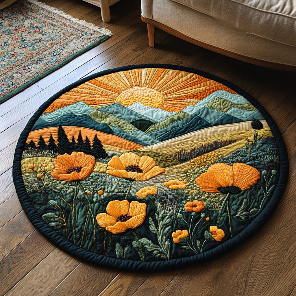 Golden California Poppy Quilted Round Mat Round Carpet Rugs Mother's Day Gifts For Coworkers