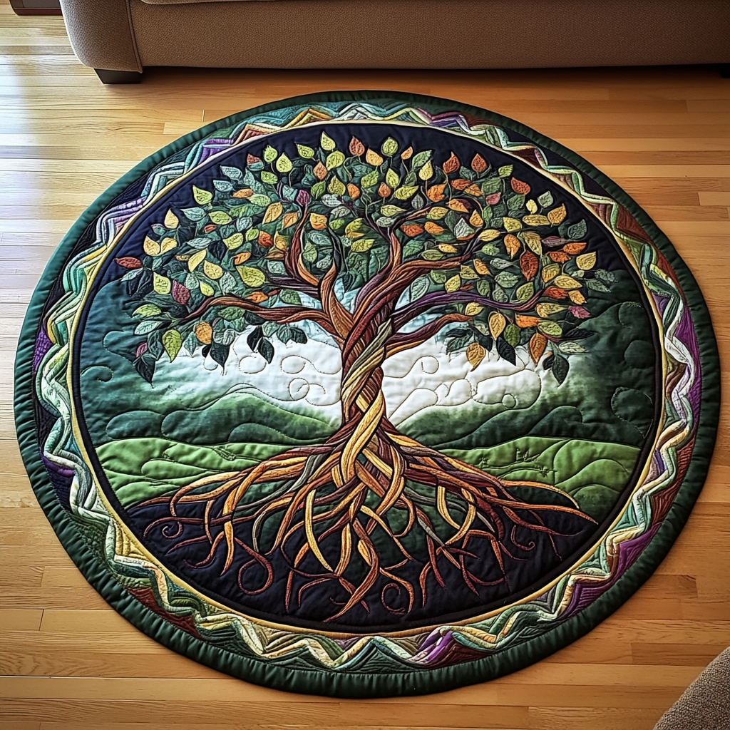 Golden Canopy Quilted Round Mat Small Round Carpets Tree Of Life Christmas Gifts