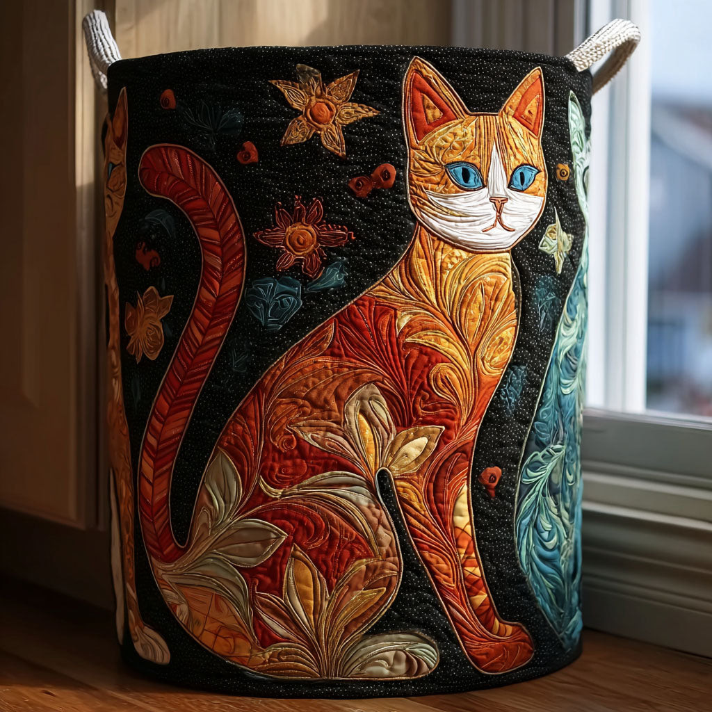 Golden Cat Quilted Laundry Basket Elegant Cat Fabric Storage Bin Cat Gift For Family