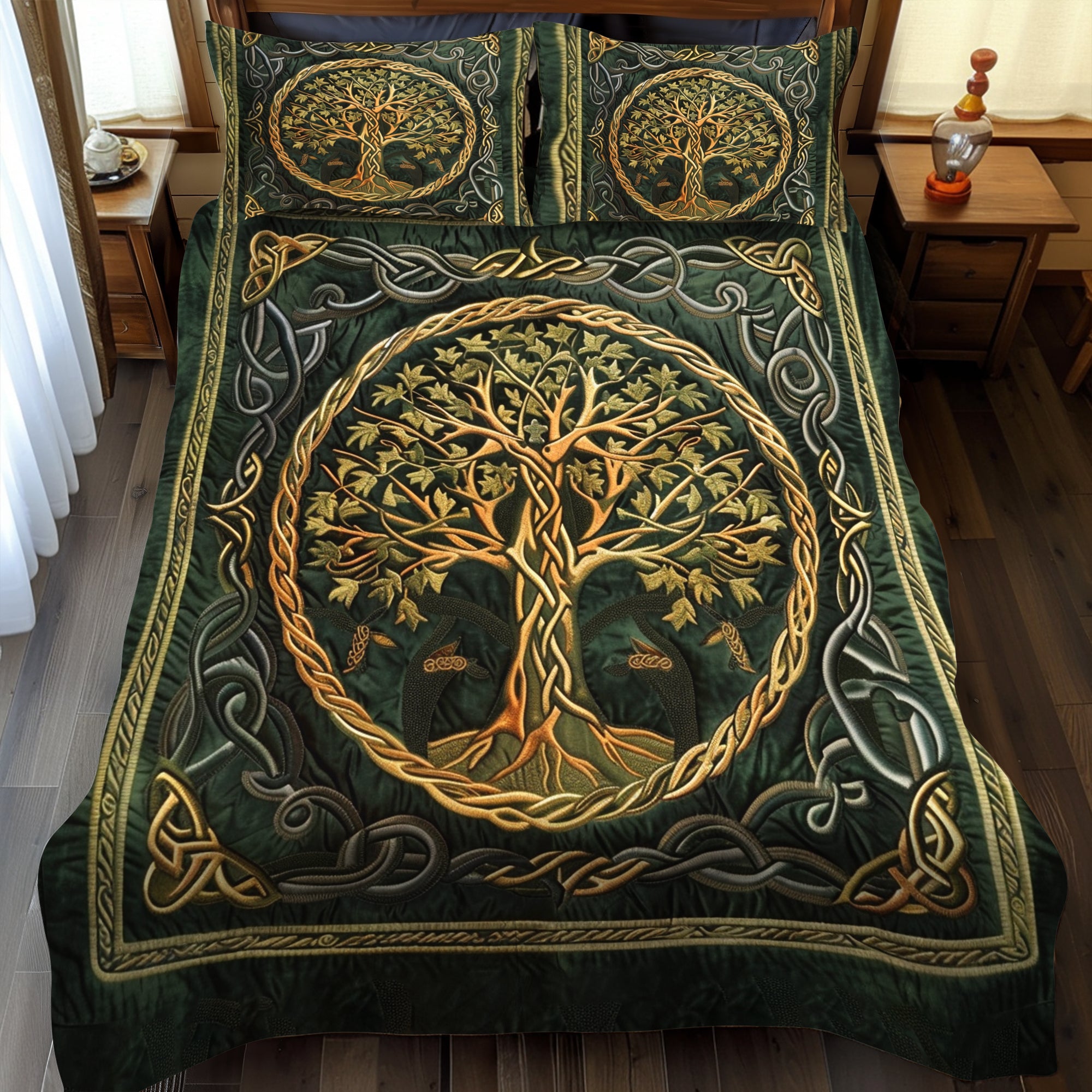 Golden Celtic Tree Of Life Quilted Bedding Set Unique Bed Sheets Tree Of Life Merchandise