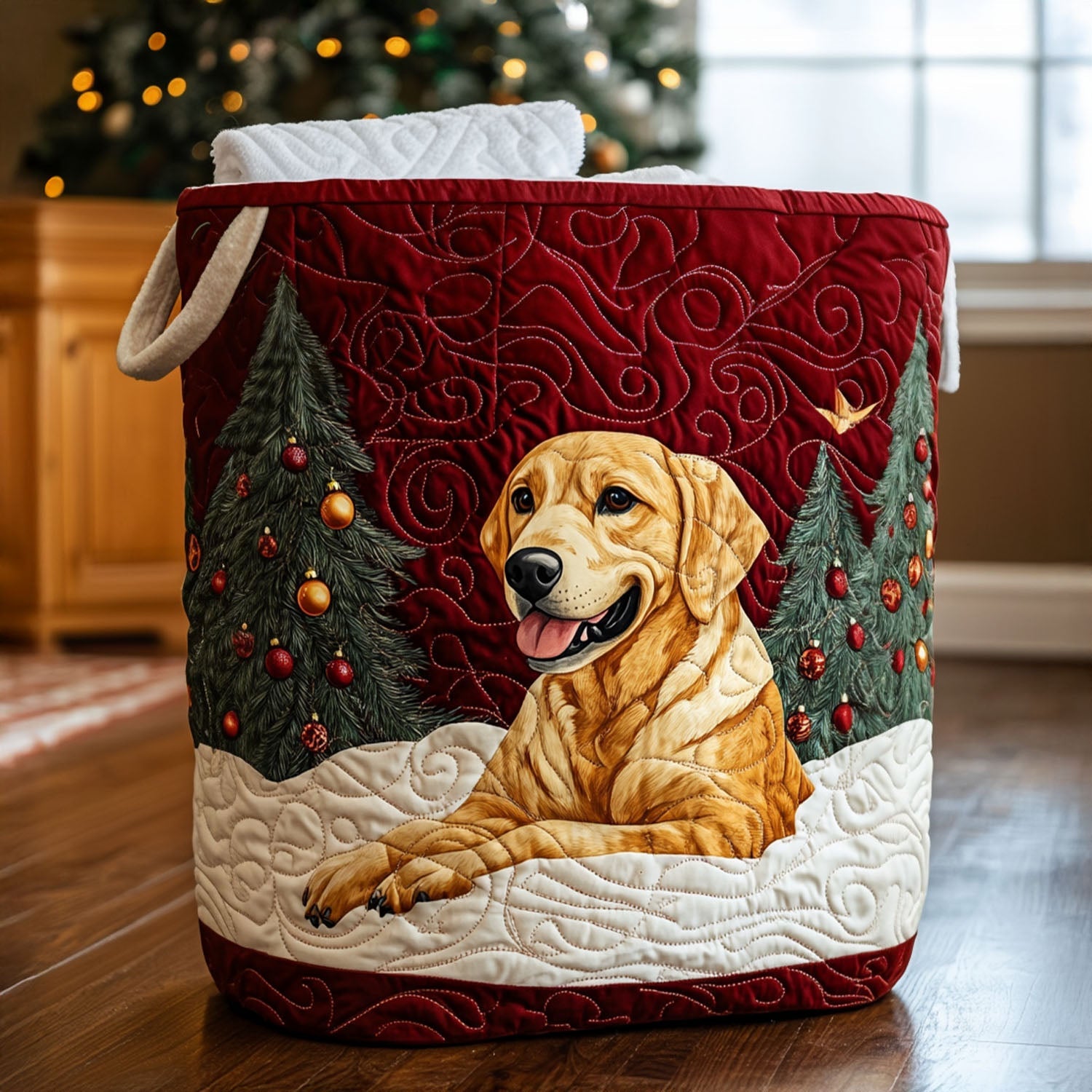 Golden Christmas Glow Quilted Laundry Basket Best Clothes Hamper Gifts For Labrador Lovers
