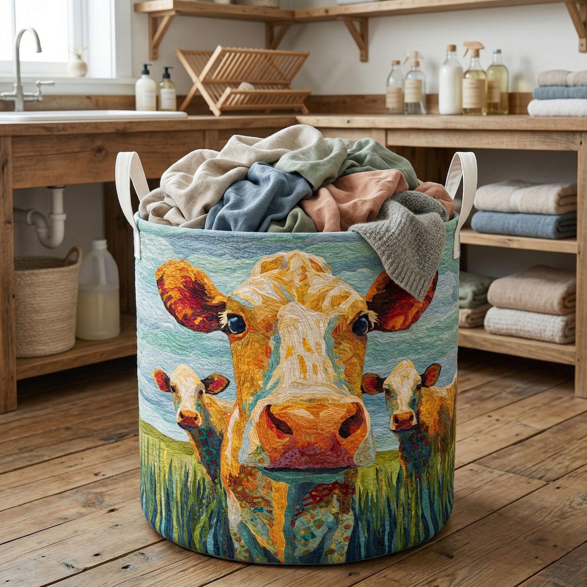 Golden Cow Field Quilted Laundry Basket Unique Hampers Unique Gifts For Cow Lovers