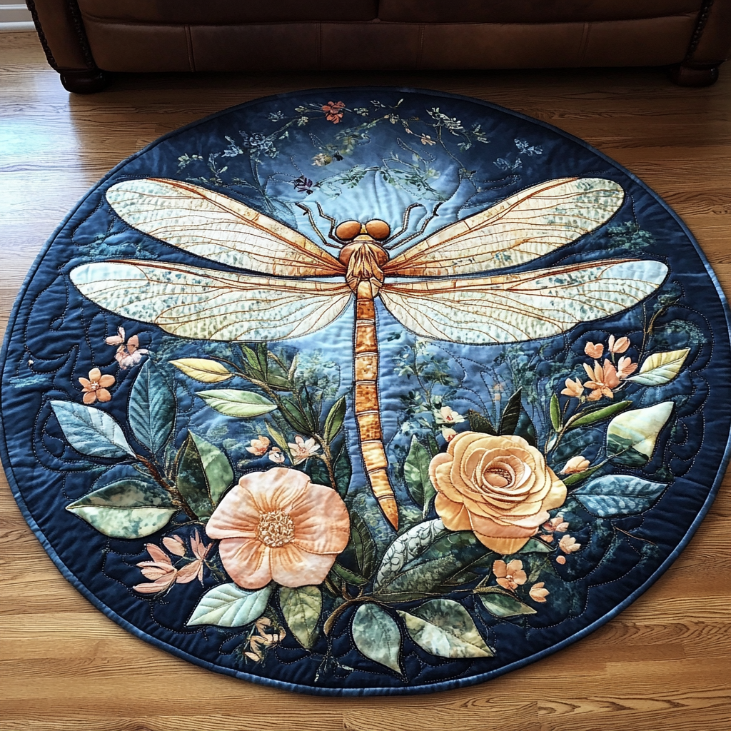 Golden Dragonfly Elegance Quilted Round Mat Small Round Mat Unique Dragon Gifts