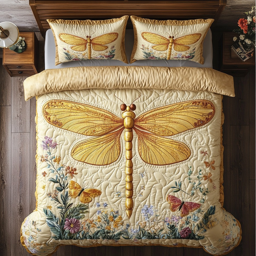 Golden Dragonfly Quilted Bedding Set Dragonfly Gift Ideas For Christmas Holiday