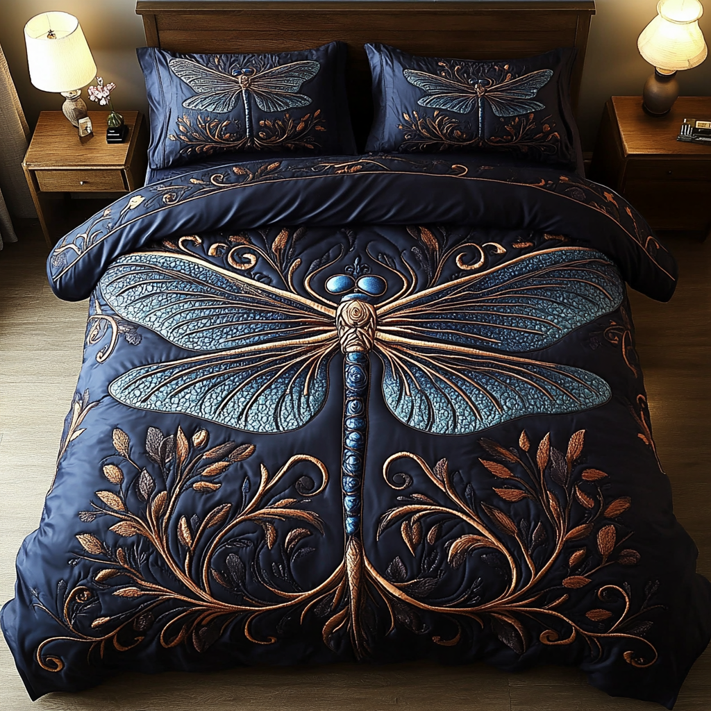 Golden Dragonfly Quilted Bedding Set Unique Bed Sheet Set Dragonfly Gifts For Women