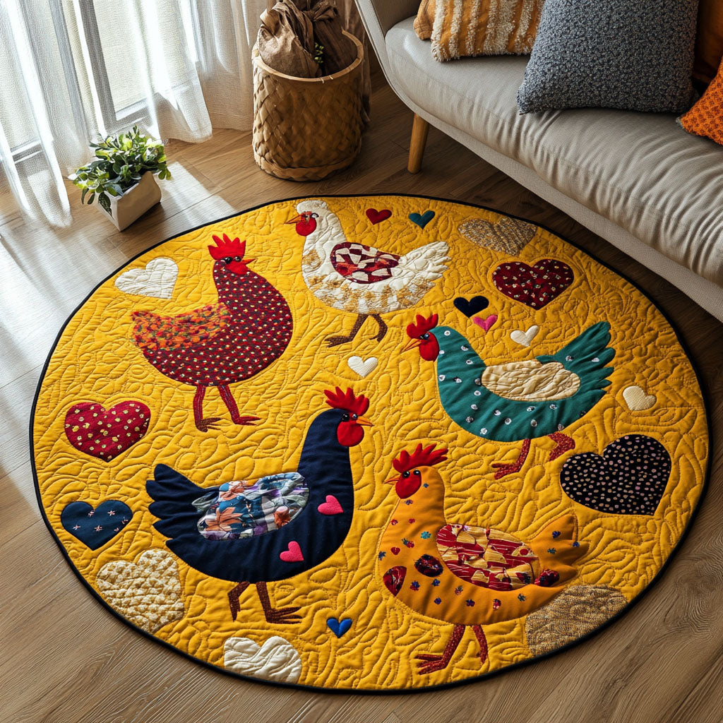 Golden Farmyard Quilted Round Mat Round Carpet Mats Gifts With Chickens On Them