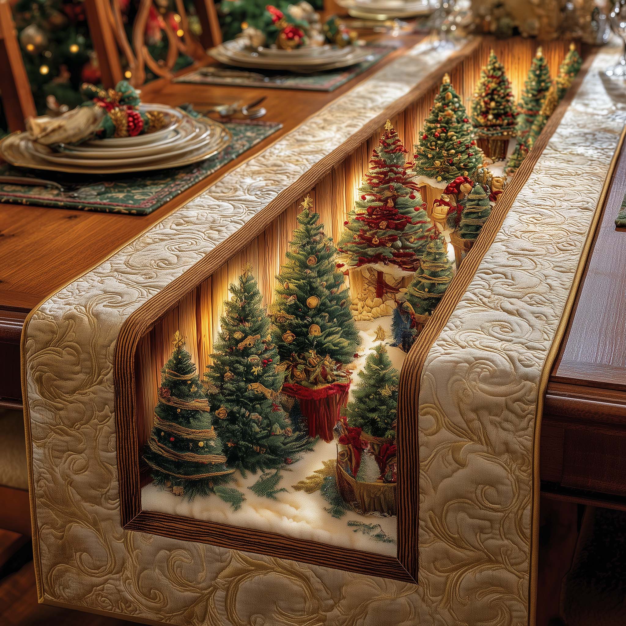 Golden Forest Quilted Table Runner Holiday Runner Dining Xmas Gifts For Mother In Law