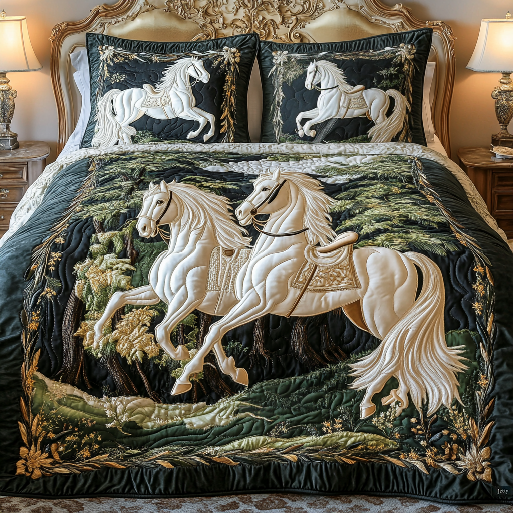 Golden Gallop Quilted Bedding Set Bedroom Decor Unique Gifts For Horse Lovers