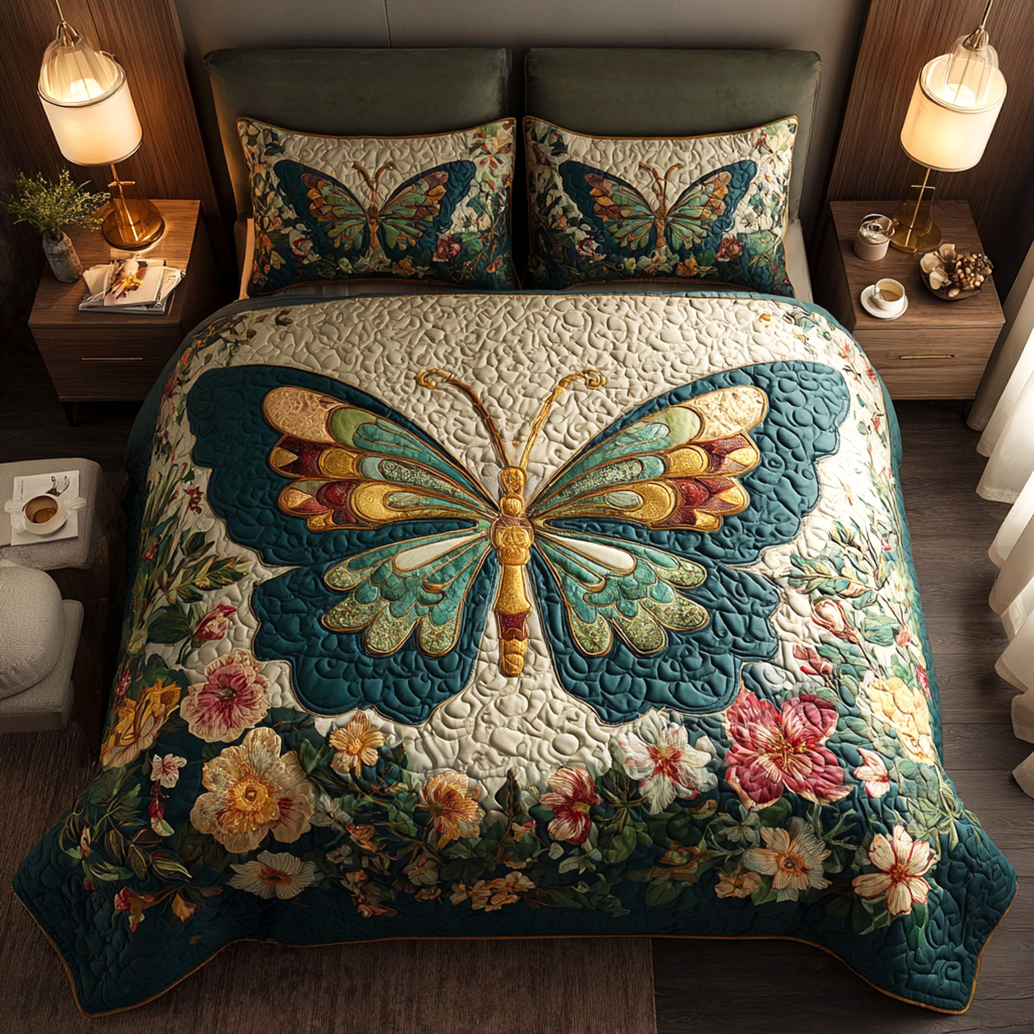 Golden Garden Muse Quilted Bedding Set Unique Bed Sheets Butterfly Theme Gifts