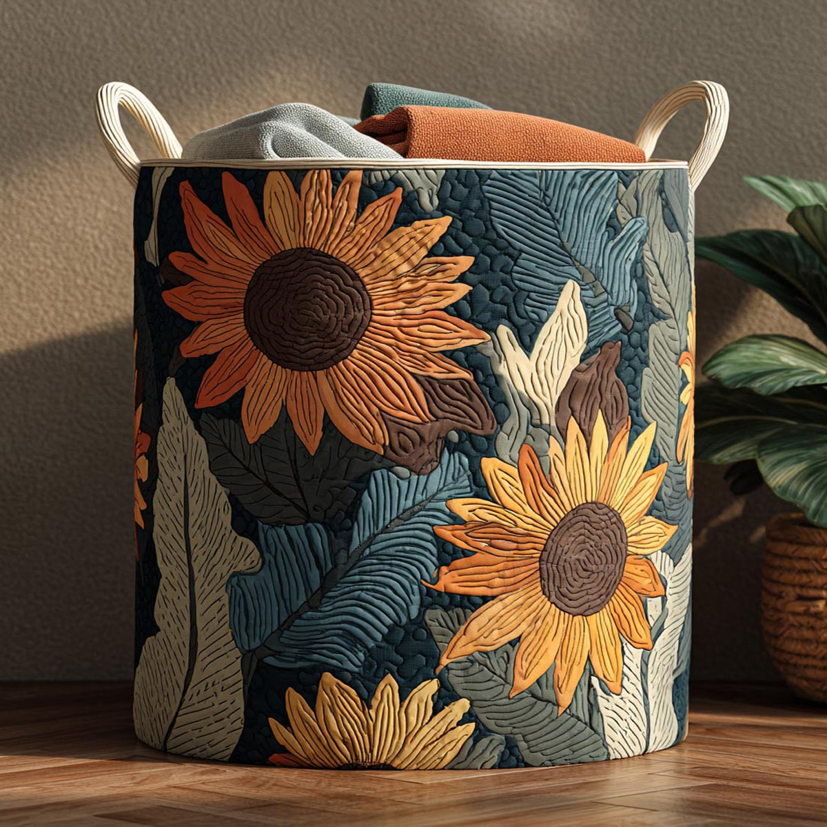 Golden Garden Quilted Laundry Basket Sunflower Garden Hamper Fabric Gift For Her