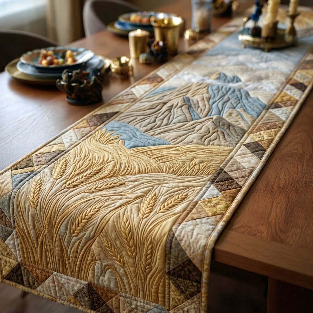Golden Harvest Fields Quilted Table Runner Seder Meal Table Decorations Jewish Passover Gifts
