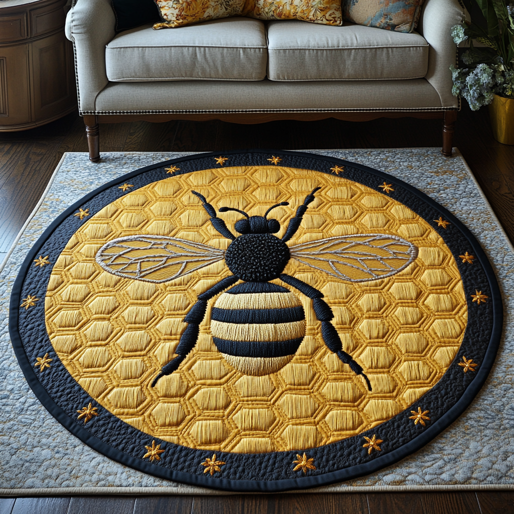 Golden Hive Whirl Quilted Round Mat Large Round Rugs Ladies Bee Gifts