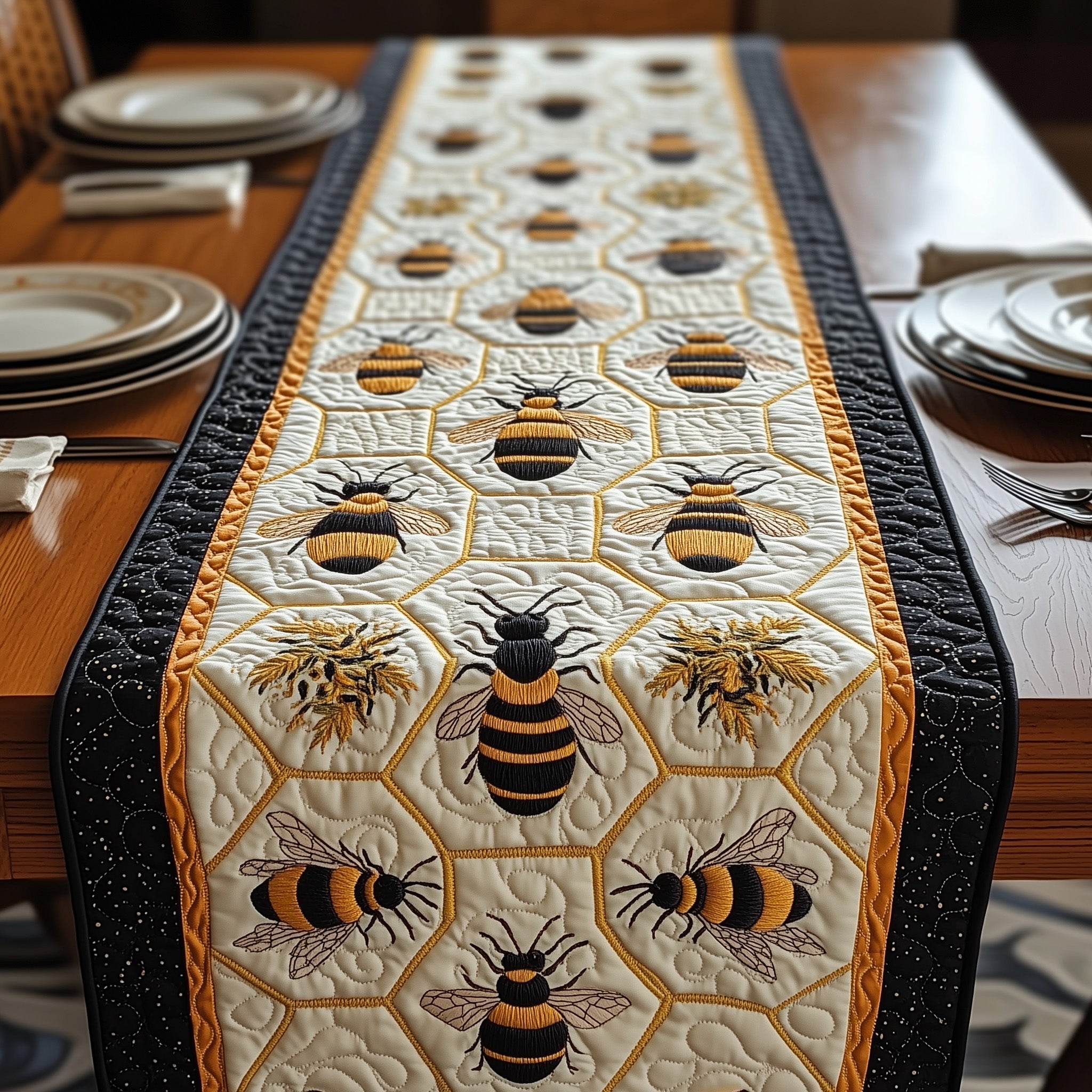 Golden Honeycomb Dreams Quilted Table Runner Dining Table Table Runner Gifts With Bee Theme