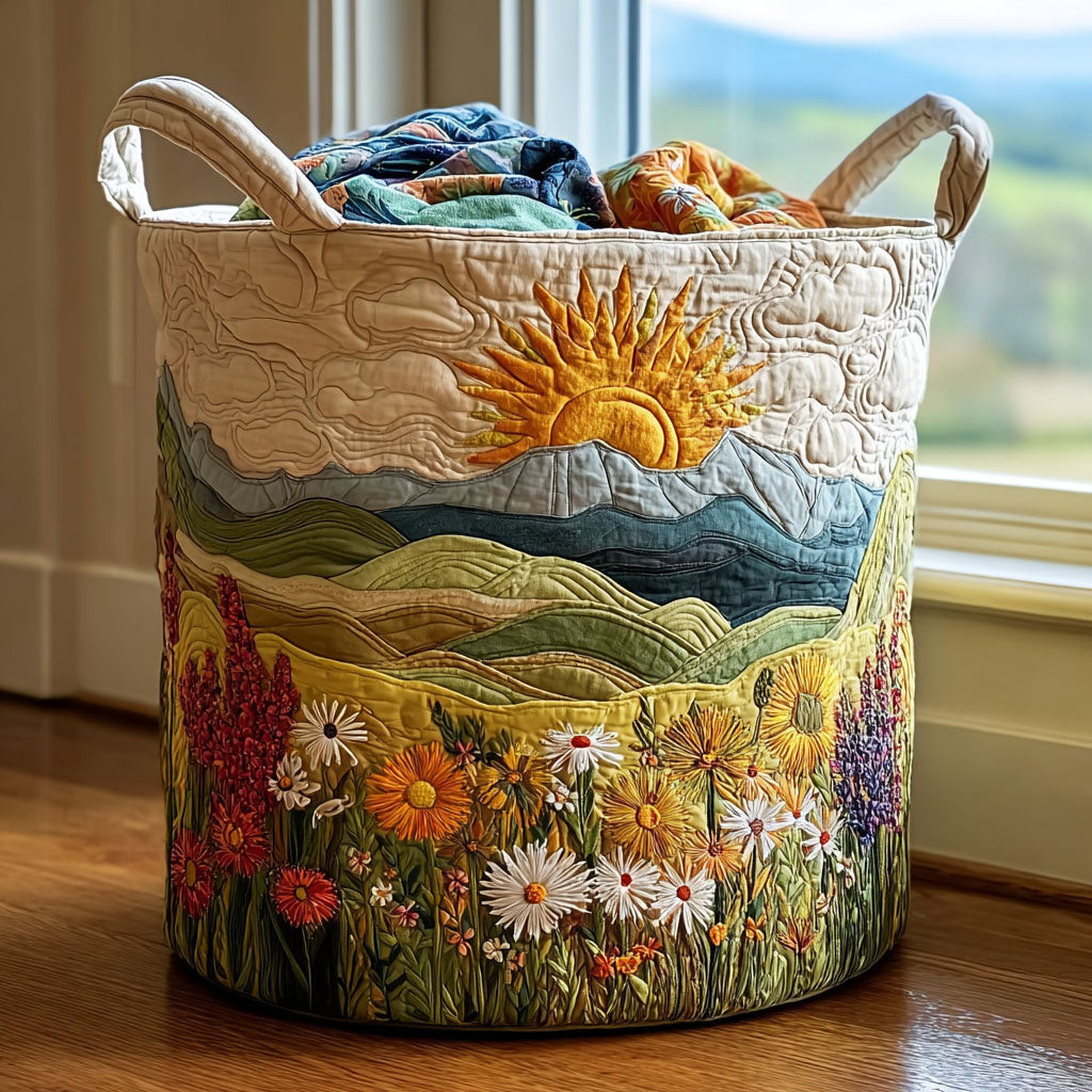 Golden Horizon Quilted Laundry Basket Sunset Meadow Fabric Basket Nature Lovers Gift