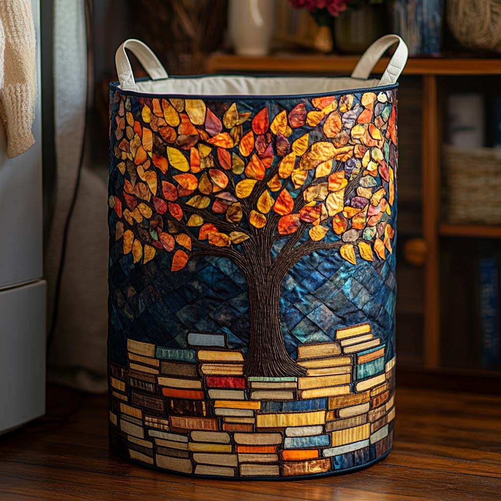 Golden Leaves Library Tree Quilted Laundry Basket Clothes Hamper Great Book Presents