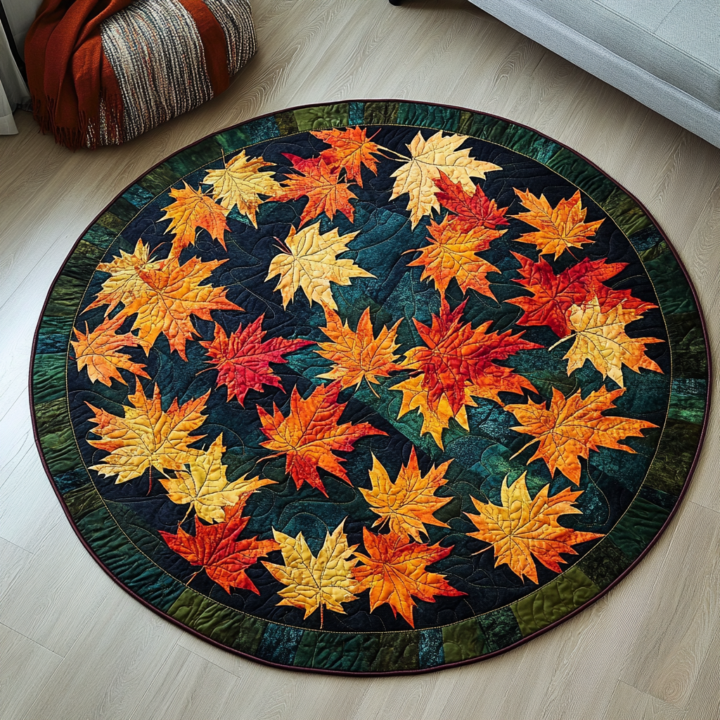 Golden Leaves Quilted Round Mat Round Indoor Area Rugs Cool Fall Gifts