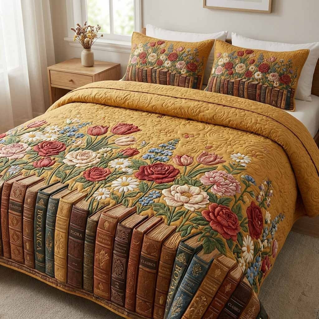 Golden Library Quilted Bedding Set Botanical Floral Bed Sheet Set Best Gifts For Book Lovers
