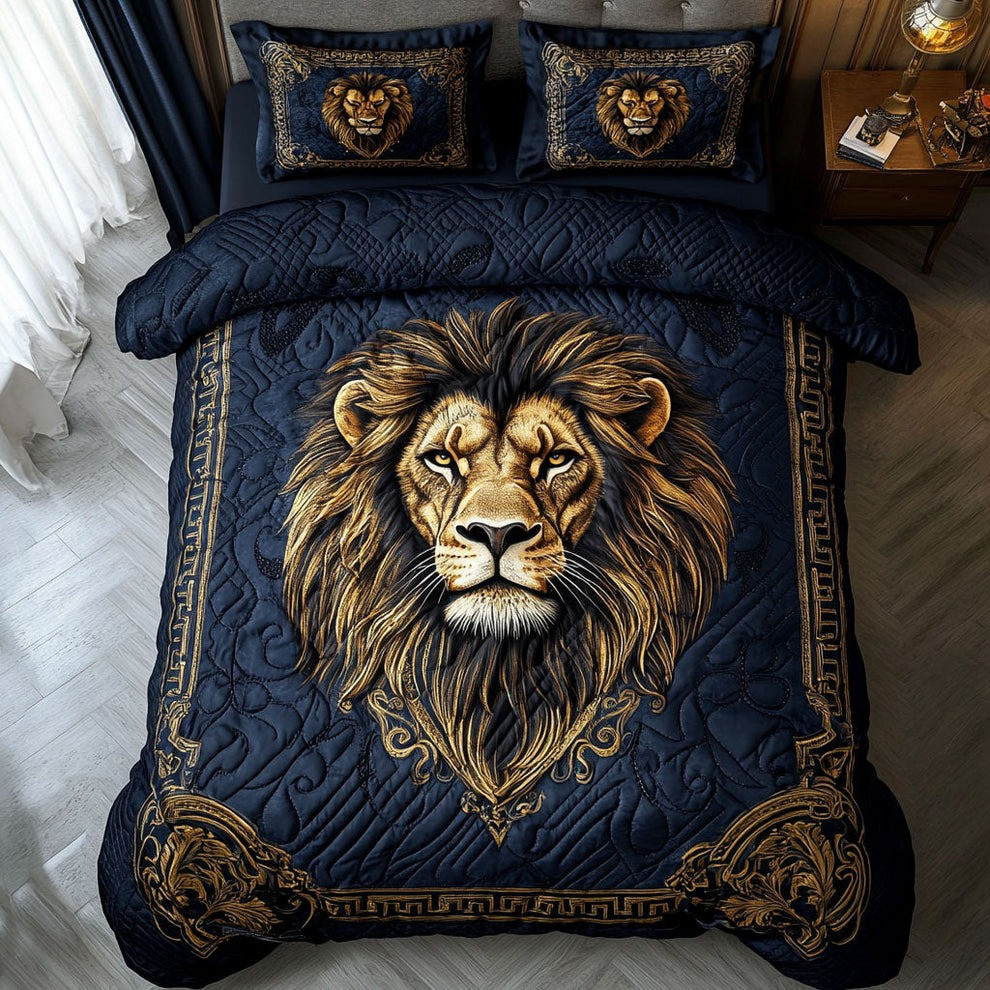 Golden Lion Quilted Bedding Set Bedroom Decorations Presents For Lion Lovers