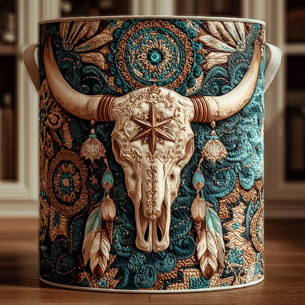 Golden Longhorn Quilted Laundry Basket Western Skull Hamper Gift For Mom