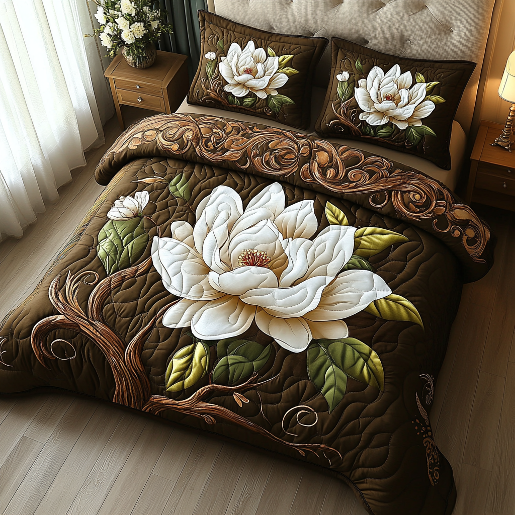 Golden Magnolia Quilted Bedding Set Cute Bedroom Decor Mother'S Day Gift From Mother To Daughter