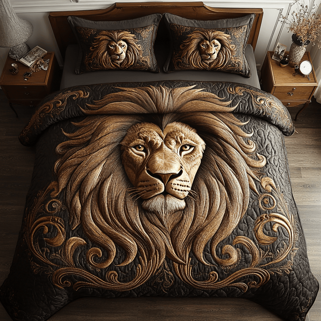 Golden Mane Quilted Bedding Set Best King Sheets Lion Gifts For Him Her